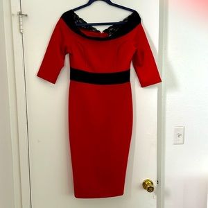 LIKE NEW Off the Shoulder Lace Trim Dress Red